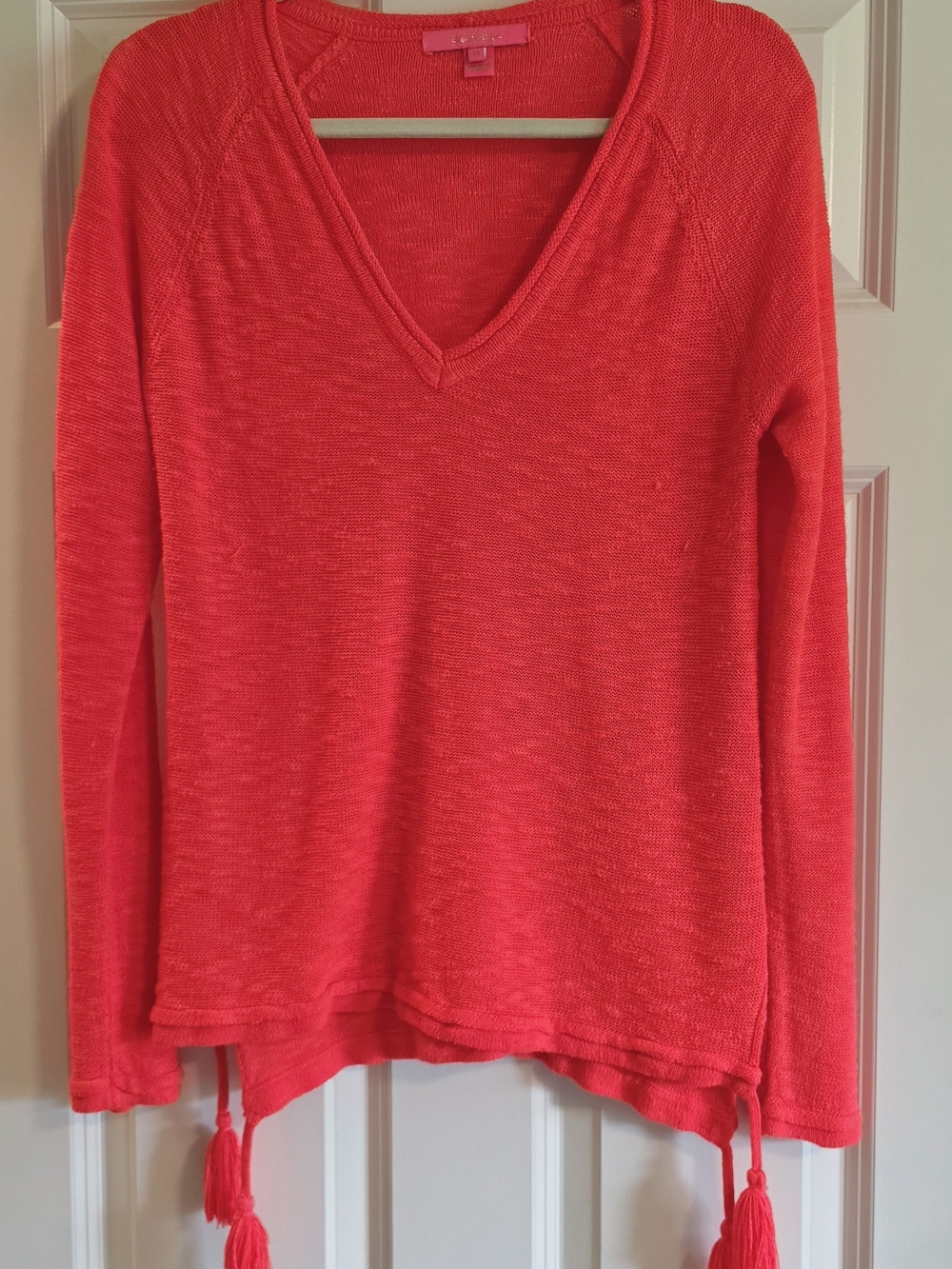 Lilly Pulitzer Coral-Pink V-Neck Long Sleeve Tassel Summer Sweater